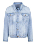 The Jackets product is a light blue denim jacket with long sleeves, front button fastening, two flap chest pockets with buttons, and visible seam detailing, displayed against a plain white background.