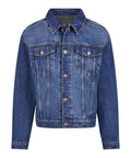 Jackets: Classic blue denim with long sleeves, metal front fastenings, two chest pockets with button flaps, straight fit, and visible stitching.