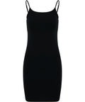 A black sleeveless bodycon mini dress from Dresses, featuring thin spaghetti straps and a scoop neckline, shown against a white background.