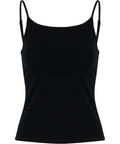 A plain black vest (t-shirt) with thin spaghetti straps is shown against a white background. The fitted design features no patterns or embellishments.