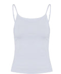 A sleeveless white vest (singlet) with thin spaghetti straps and a fitted silhouette is displayed against a white background.