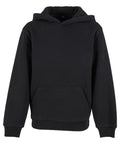 A black hooded sweatshirt with long sleeves, a front kangaroo pocket, and a hood is shown on a white background.