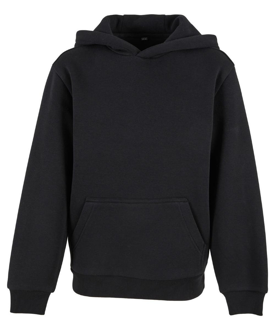 A black hooded sweatshirt with long sleeves, a front kangaroo pocket, and a hood is shown on a white background.