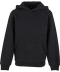 The Build Your Brand Kids Fluffy Hoodie features long sleeves, a front kangaroo pocket, ribbed cuffs and hem, and is shown against a white background.