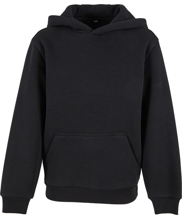 The Build Your Brand Kids Fluffy Hoodie features long sleeves, a front kangaroo pocket, ribbed cuffs and hem, and is shown against a white background.