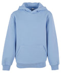 A light blue hooded sweatshirt with long sleeves, a hood, and a front kangaroo pocket is shown against a white background.