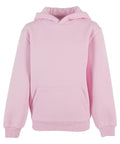 A plain light pink hoodie sweatshirt with a hood, front pocket, long sleeves, and ribbed cuffs and hem, shown on a white background.