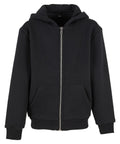 Hoodies: A plain black zip-up hoodie featuring a front zip, two front pockets, hood, long sleeves, and ribbed cuffs and hem.