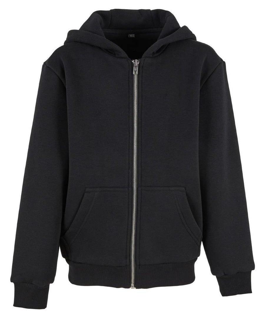 Hoodies: A plain black zip-up hoodie featuring a front zip, two front pockets, hood, long sleeves, and ribbed cuffs and hem.