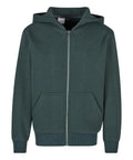 The Hoodies product is a dark green zip-up hoodie featuring a hood, front zip, two front pockets, and ribbed cuffs and hem, shown against a white background.