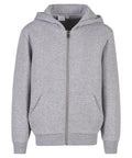 A plain light grey zip-up hoodie with a hood, long sleeves, front pockets, and ribbed cuffs and hem, shown on a white background.