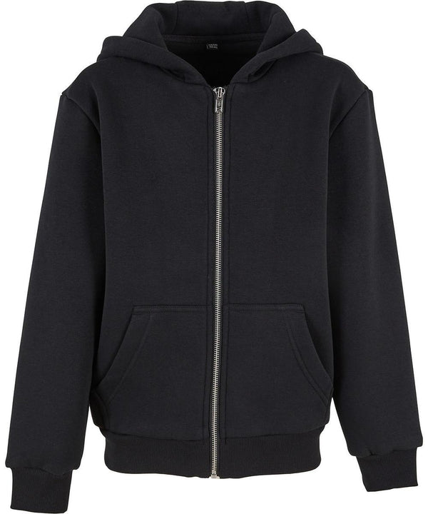 The Build Your Brand Kids fluffy zip hoodie is a plain black zip-up with a hood, long sleeves, two front pockets, and a silver zip, shown against a white background.