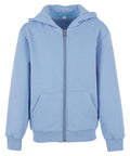 A light blue zip-up hoodie with a hood, front zip, two pockets, and ribbed cuffs and hem, displayed on a plain white background.