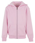 The Hoodies product in light pink features a hood, zip-up front, front pockets, ribbed cuffs, and ribbed waistband, shown against a plain white background.