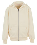 A hoodie zip-up in light beige with a hood, front zip, and two pockets, featuring ribbed cuffs and hem, shown against a white background.
