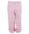 Light pink children's joggers with an elasticated waistband and ankle cuffs, shown upright on a white background. The design is plain with no visible logos, patterns, or pockets.