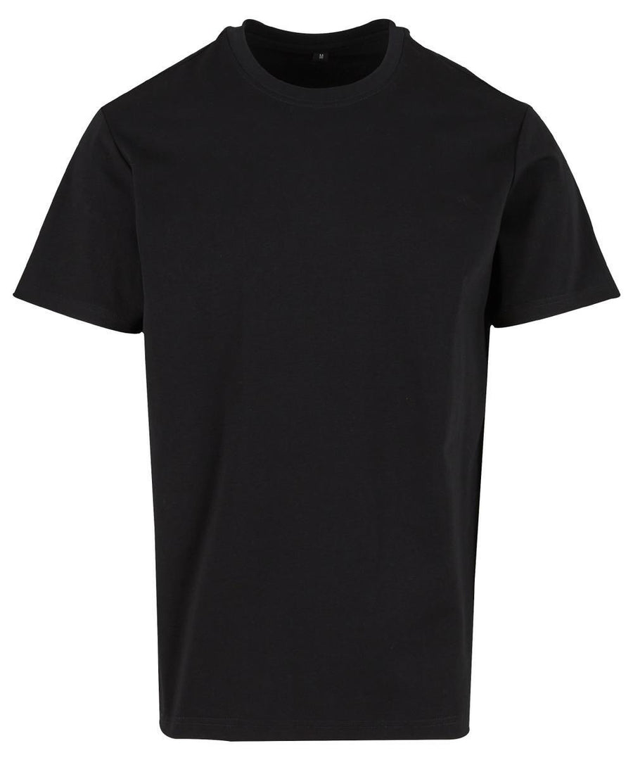 A plain black crew-neck short-sleeve T-shirt is displayed from the front against a white background, with no visible logos or designs.