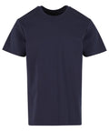 A navy blue short-sleeve crew neck T-shirt is shown against a white background.