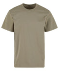 A simple, classic-fit T-shirt with short sleeves and a crew neck in light olive green is displayed against a white background.