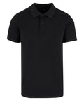 A black polo short-sleeve shirt with a collar and three front buttons, shown against a white background.