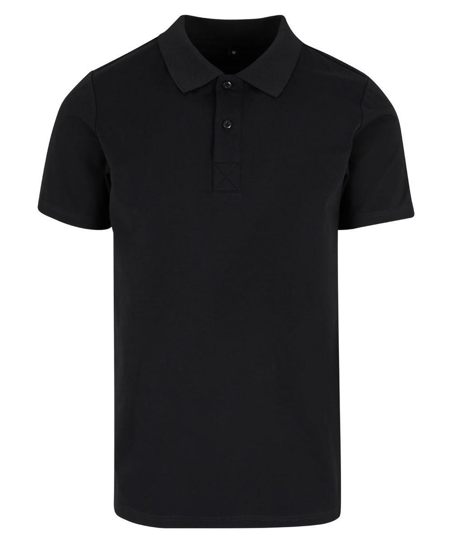 A black polo short-sleeve shirt with a collar and three front buttons, shown against a white background.