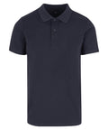 The Polos shirt is a plain, short-sleeved, dark navy blue polo with a collar and three-button placket, shown on a white background.