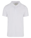 Polos: A classic white short-sleeve polo shirt featuring a collar and three-button placket, displayed on a plain background.