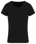 A T-shirt product in plain black with short sleeves and a round neckline, shown on a white background.