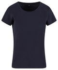 A women's T-shirts in dark navy blue, featuring short sleeves and a round neckline, is displayed on a white background.