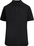 The Polos: a black short-sleeve polo shirt with a collar and two-button neck, shown on a white background.