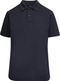 A black short-sleeve polo shirt with a collar and two-button placket, shown on a white background.