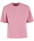 A solid pink, short-sleeve crew neck T-shirts displayed on a white background.