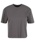 A solid dark grey T-shirt with short sleeves and a crew neck is shown against a white background.