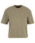 The image displays a solid beige crew neck T-shirt with short sleeves and a relaxed fit, shown against a white background. The T-shirt is plain, featuring no visible logos or patterns.