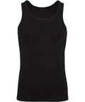 A fitted, sleeveless black vest (T-shirt) with a round neckline is shown from the front on a white background.