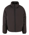 A dark brown Jackets puffer with a high collar, long sleeves, and front zip fastening is shown on a white background.