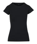 A women's T-shirt in plain black with short sleeves, a crew neckline, and a fitted silhouette is shown against a white background.