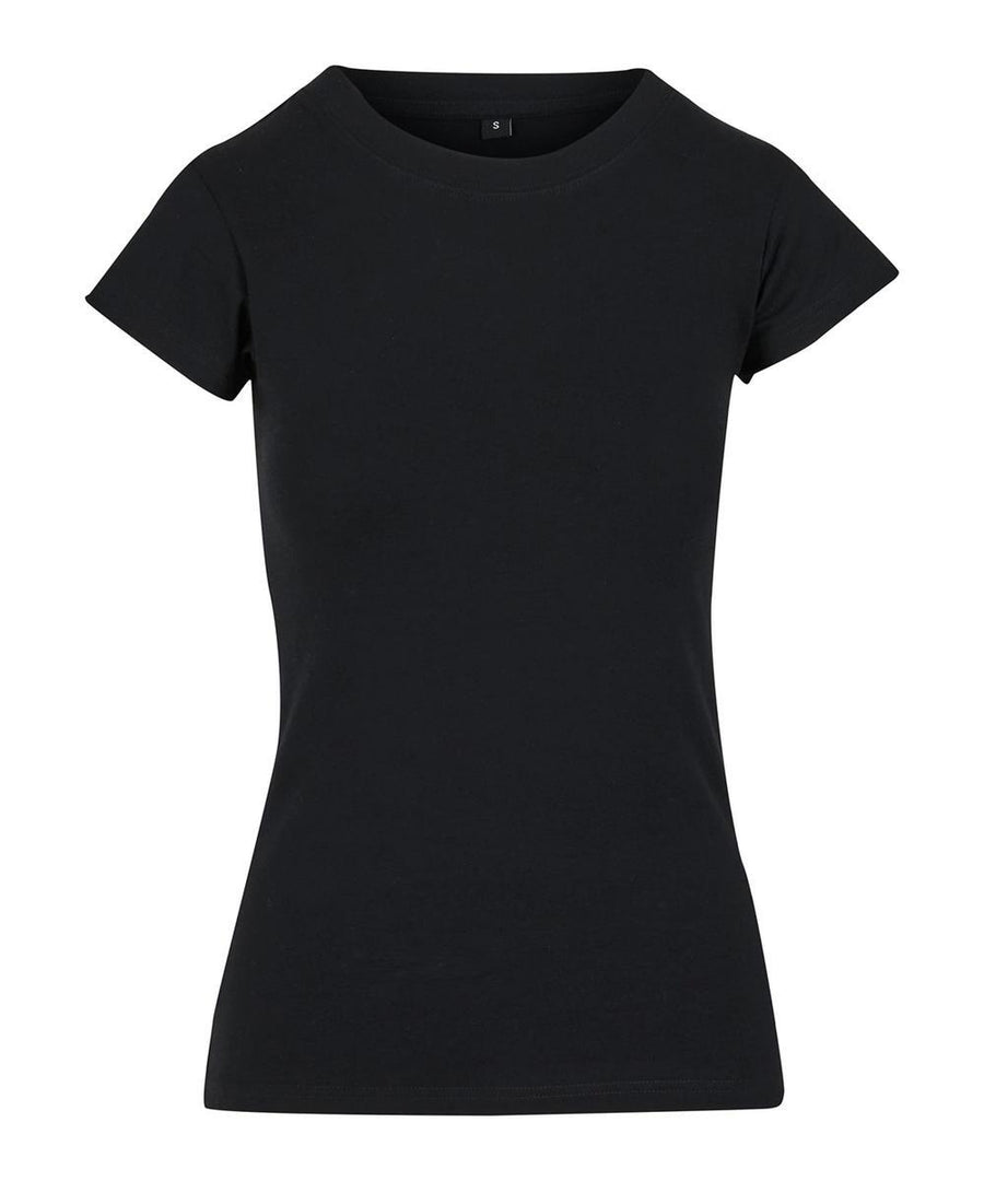 A women's T-shirt in plain black with short sleeves, a crew neckline, and a fitted silhouette is shown against a white background.