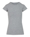A T-shirts product is displayed laid flat on a white background, featuring short sleeves, a crew neckline, heather grey colour, and a simple fitted design without any logos or graphics.