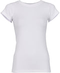 The Women's Stretch Tee by Build Your Brand is shown from the front, featuring a plain white colour, short sleeves, and a crew neck on a white background.