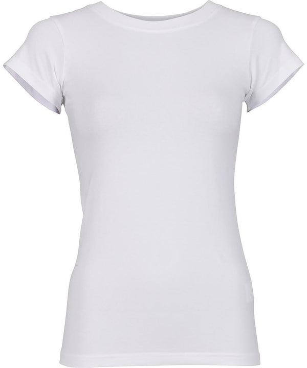 The Women's Stretch Tee by Build Your Brand is shown from the front, featuring a plain white colour, short sleeves, and a crew neck on a white background.