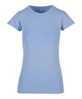 A women’s T-shirt in plain light blue with short sleeves, a round neckline, and a fitted cut is displayed on a white background. No logos or designs are visible.