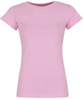 A women's T-shirt top in light pink with short sleeves, fitted cut, and round neckline is displayed on a white background.