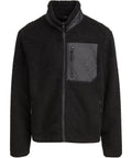 The Fleece is a black zip-up jacket featuring a stand collar, a contrasting fabric chest pocket with zip, and two side zip pockets.