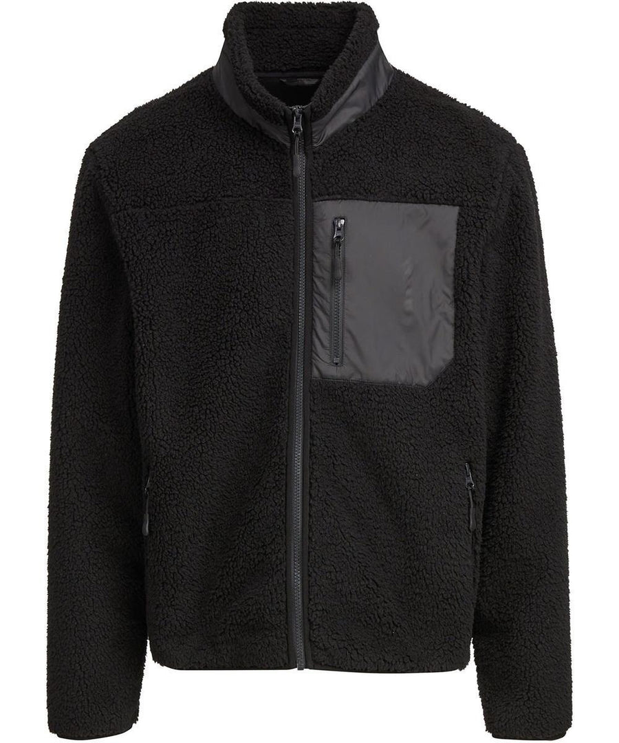 The Fleece is a black zip-up jacket featuring a stand collar, a contrasting fabric chest pocket with zip, and two side zip pockets.