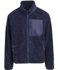 The Fleece is a navy blue jacket with a zip front, high collar, textured soft material, chest zip pocket, and two zipped side pockets.