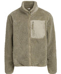 The fleece is a light brown, soft, and fluffy jacket with long sleeves, a front zip, high collar, and a chest pocket made of contrasting fabric with a zip.