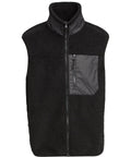 The Gilets & Body Warmers is a black fleece gilet with a front zip, high collar, and zipped chest pocket. It features a soft, textured look and smooth fabric finish with no sleeves.