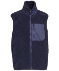The Gilets & Body Warmers gilet features navy blue fleece, a full front zip, high collar, and a contrasting zipped chest pocket on the left. Its soft, textured fabric gives it a cosy and fluffy look.