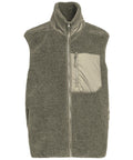 The Gilets & Body Warmers gilet is sleeveless, made of grey sherpa fleece, with a high collar and a full front zip. It features a light grey nylon chest pocket with a vertical zip and has no visible branding.